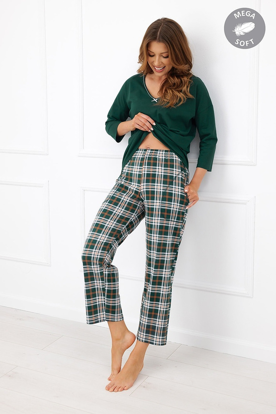 Піжама жіноча Italian Fashion Arwena, бавовняна, рукав 3/4, штани 7/8 у клітинку, зелена