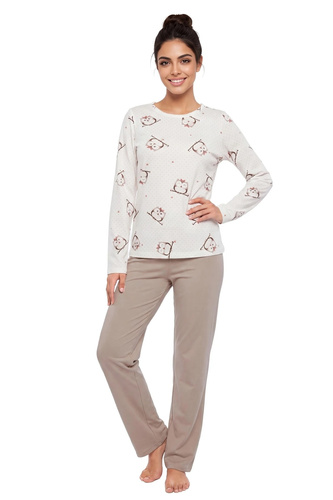 Піжама жіноча Donna Sova Long бежева, бавовняна, з совами, з довгим рукавом і штанами