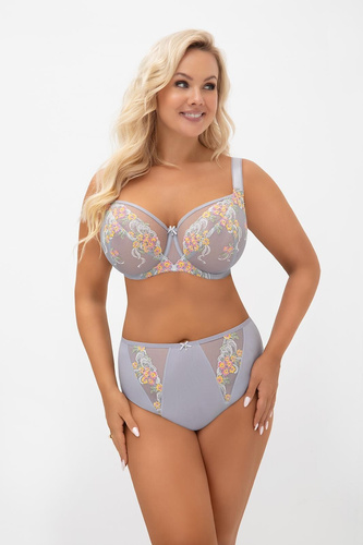 Gorsenia F015 Flora Жіночі труси з високою посадкою з вишивкою, сіра тюль, комфорт