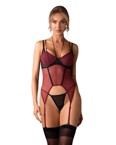 Корсет Obsessive Parisel Corset бордовий з кісточками + стрінги